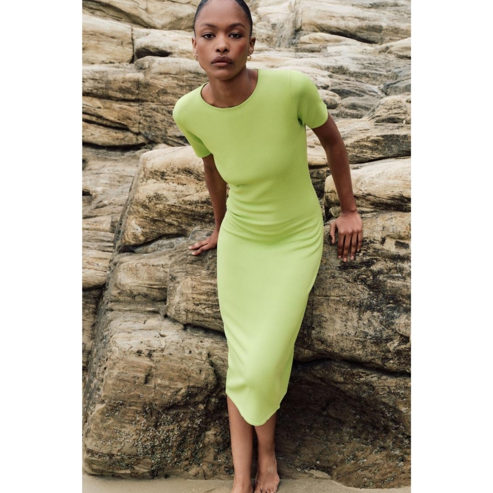 Zara Lime Green Fitted Knit Midi Dress